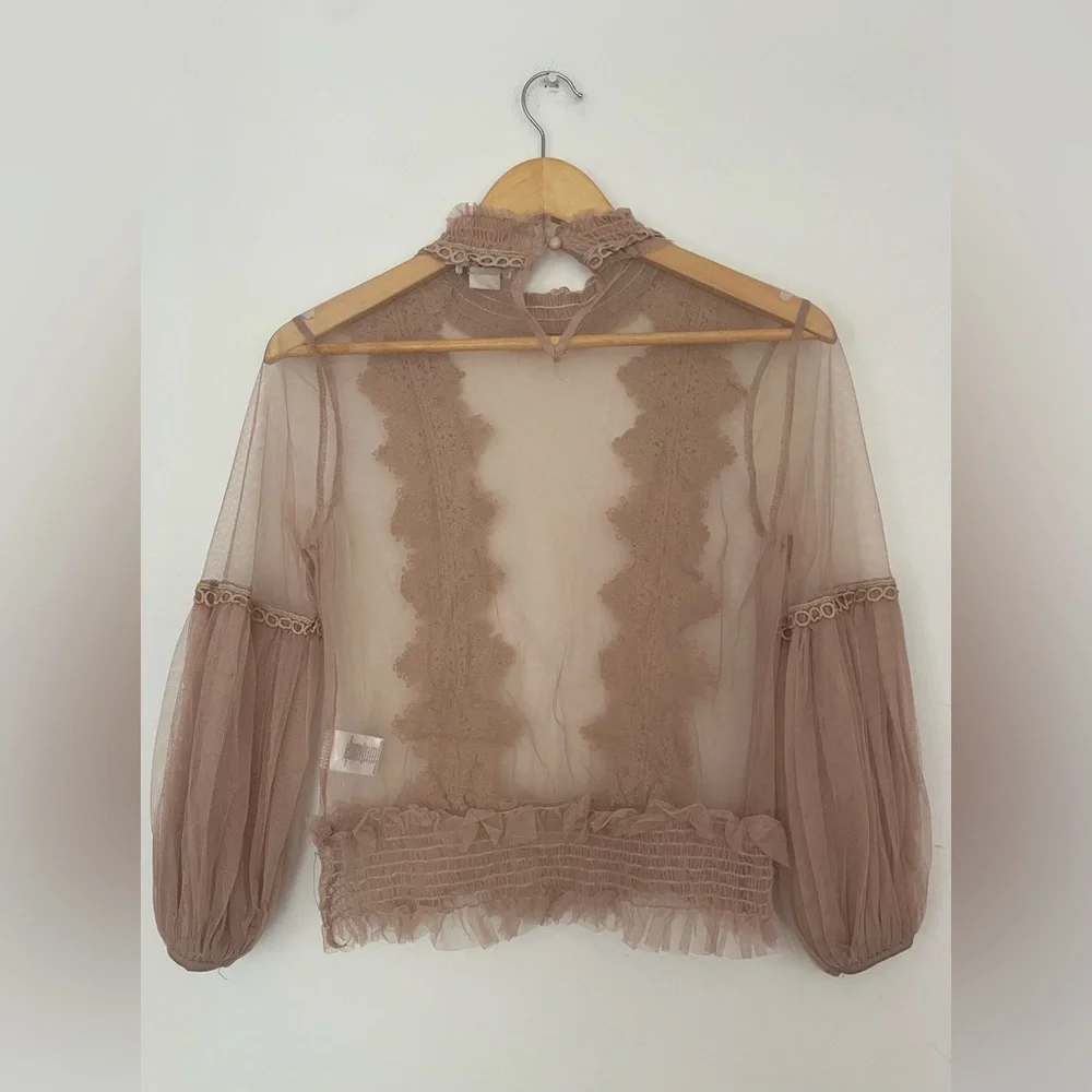 Molly Bracken Floral Lace Sheer Blouse Tan Long Lantern Sleeves Tops Mesh - Picture 11 of 11